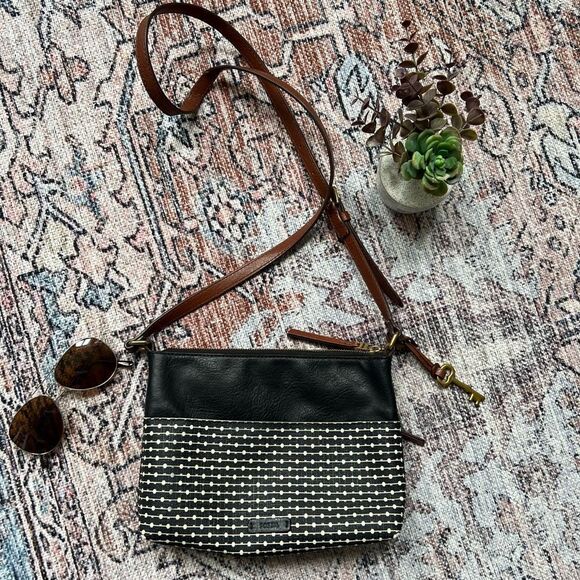 Fossil Fiona Crossbody Bag Coated Canvas Key Print Stripe Black White Brown - Picture 1 of 11